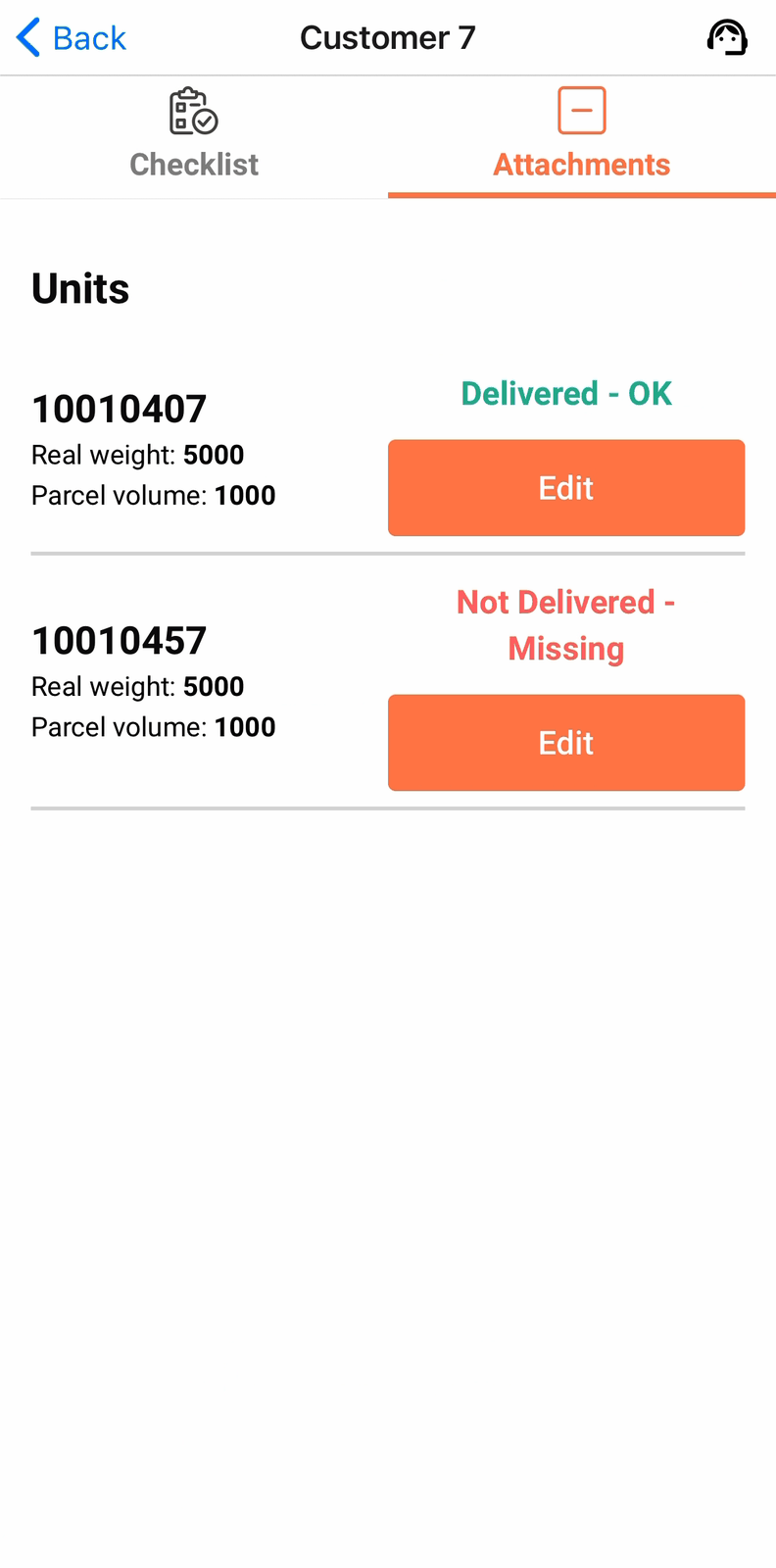Attachments Units tab, each unit with its own outcome