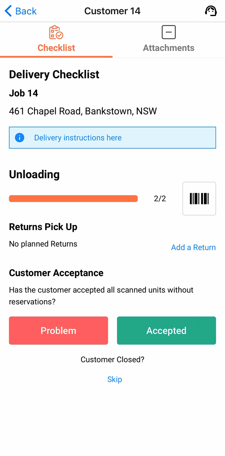 Customer Acceptance appearing with Problem and Accepted buttons