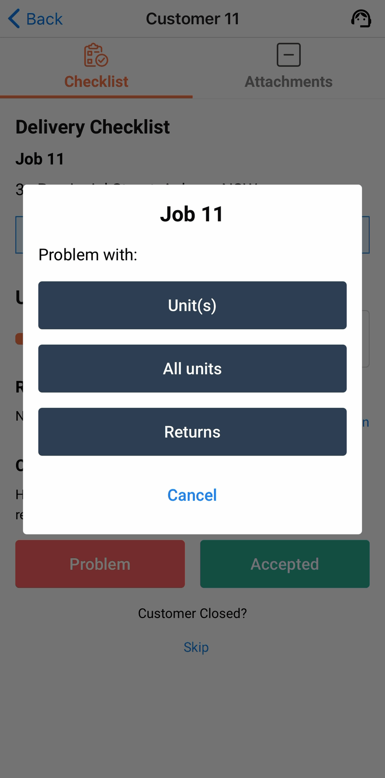Problem with: Unit(s), All units, Returns, Cancel