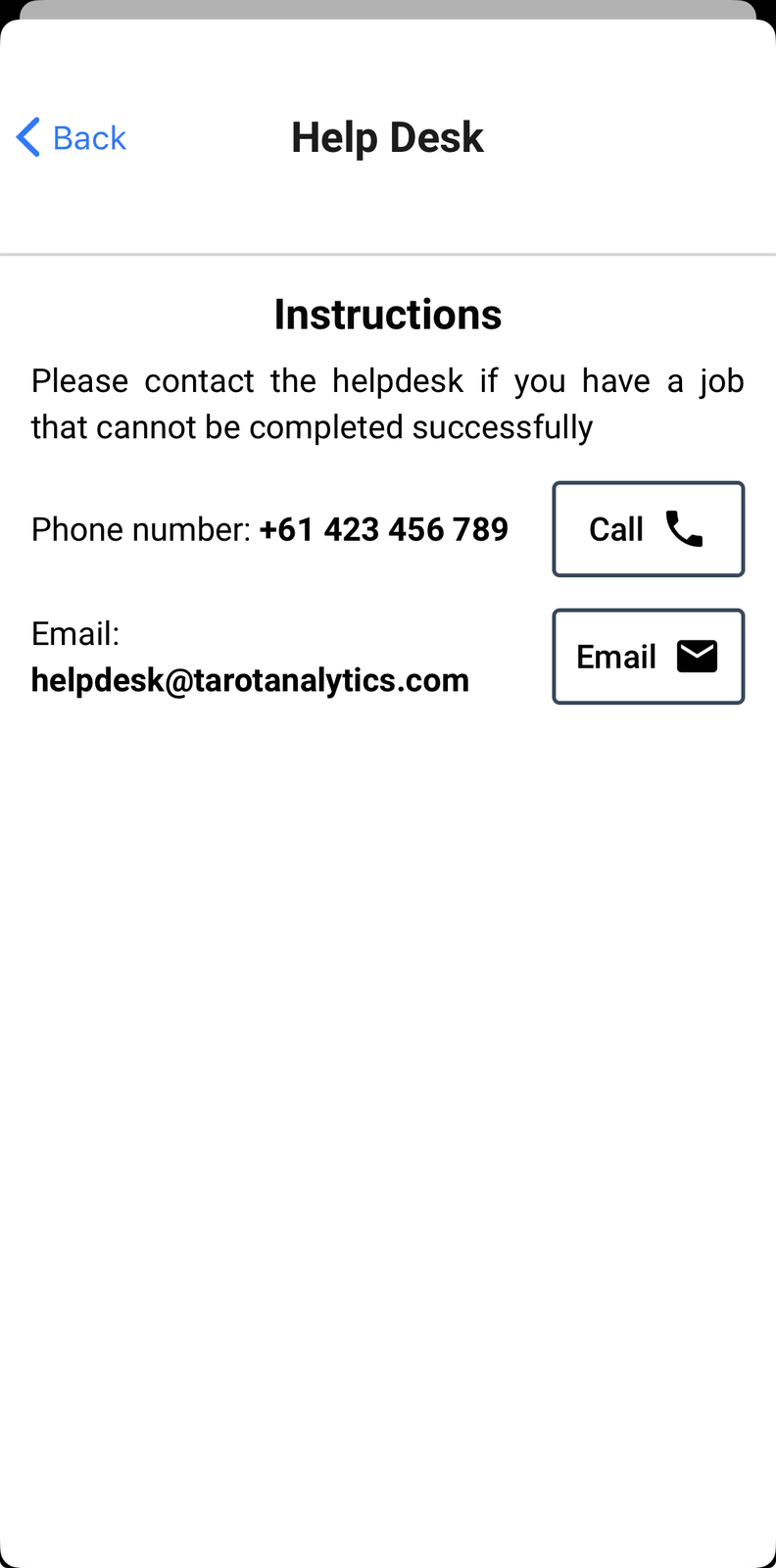 The Help Desk screen with instructions, phone number and email