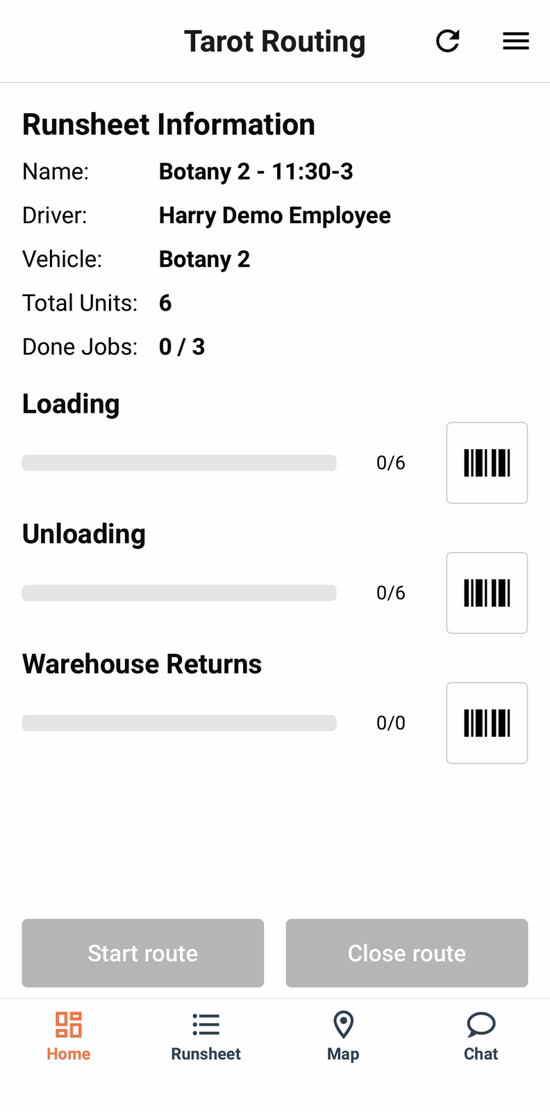 The home screen with a runsheet loaded, showing Runsheet Information and progress bars at zero