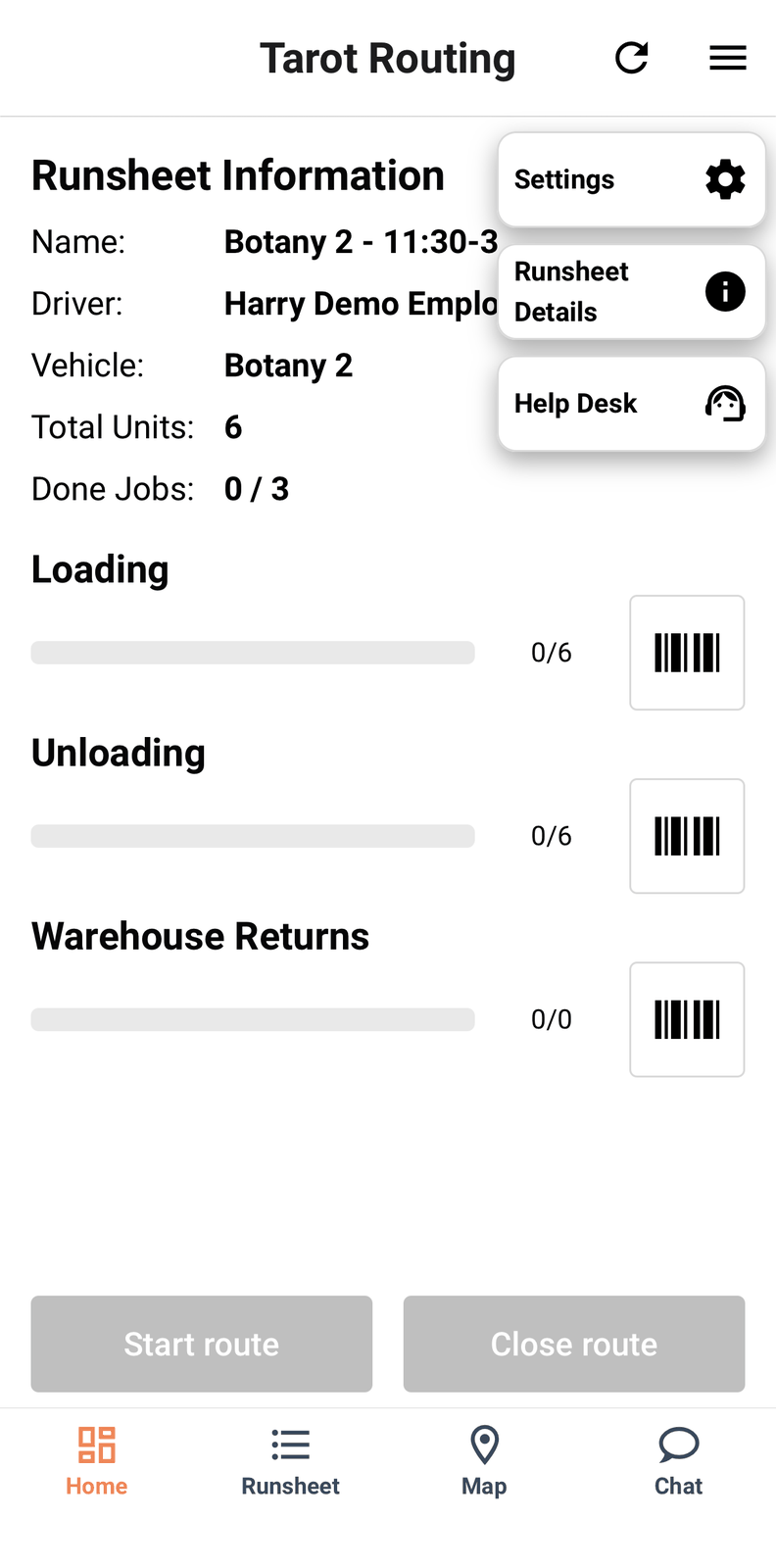 The overflow menu open, showing Settings, Runsheet Details and Help Desk