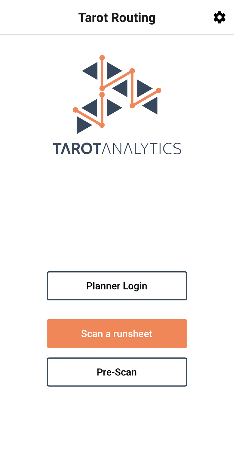 The empty Driver App home screen before any runsheet is loaded, showing Planner Login, Scan a runsheet and Pre-Scan buttons