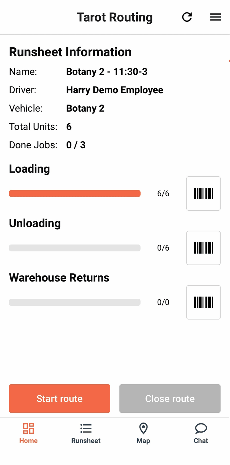 Home screen with Loading 6/6, the Start route button orange and live, Close route greyed out