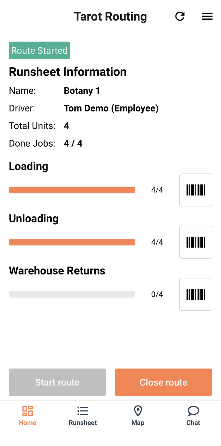 End of run: Loading and Unloading both done, Warehouse Returns still pending