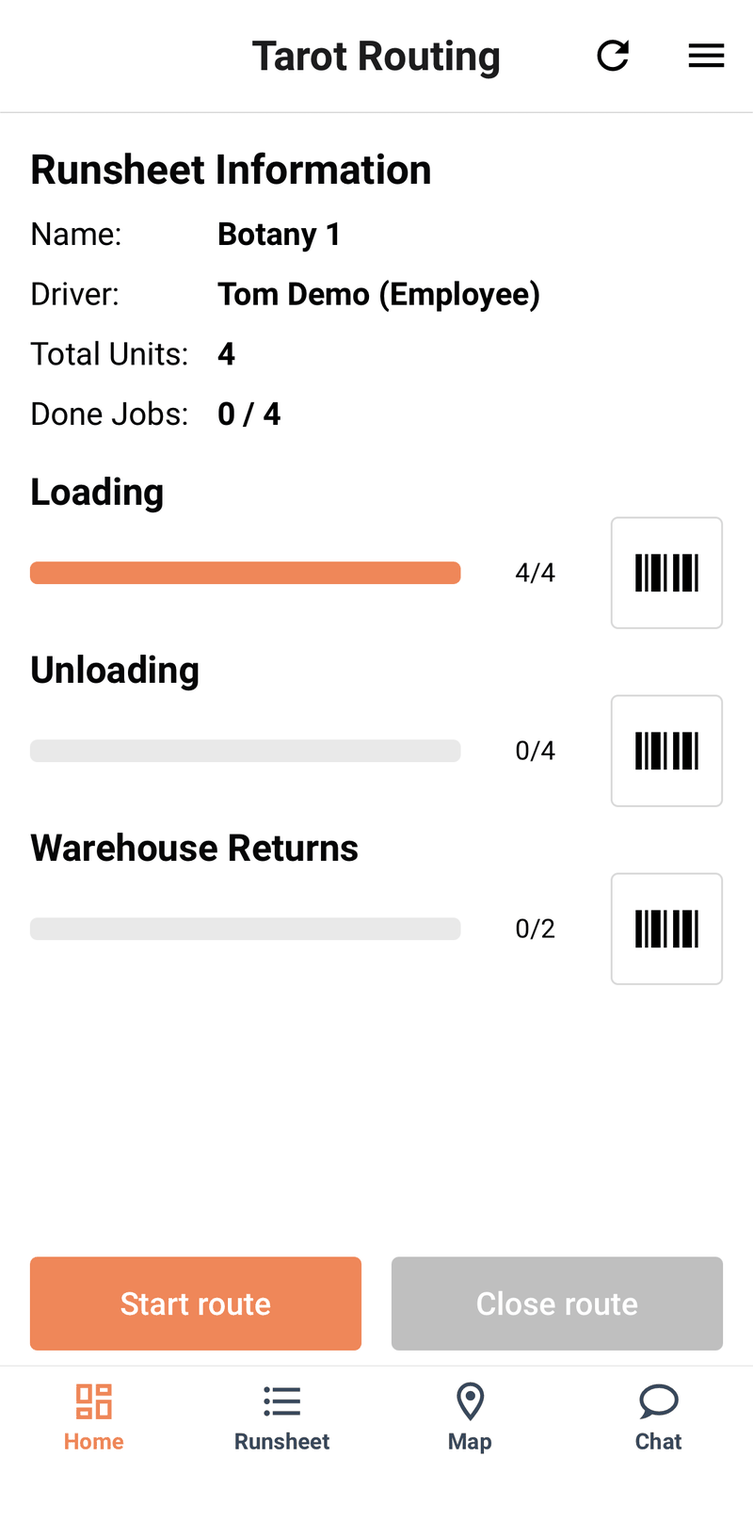 Home after the runsheet loads, showing the planned Warehouse Returns total