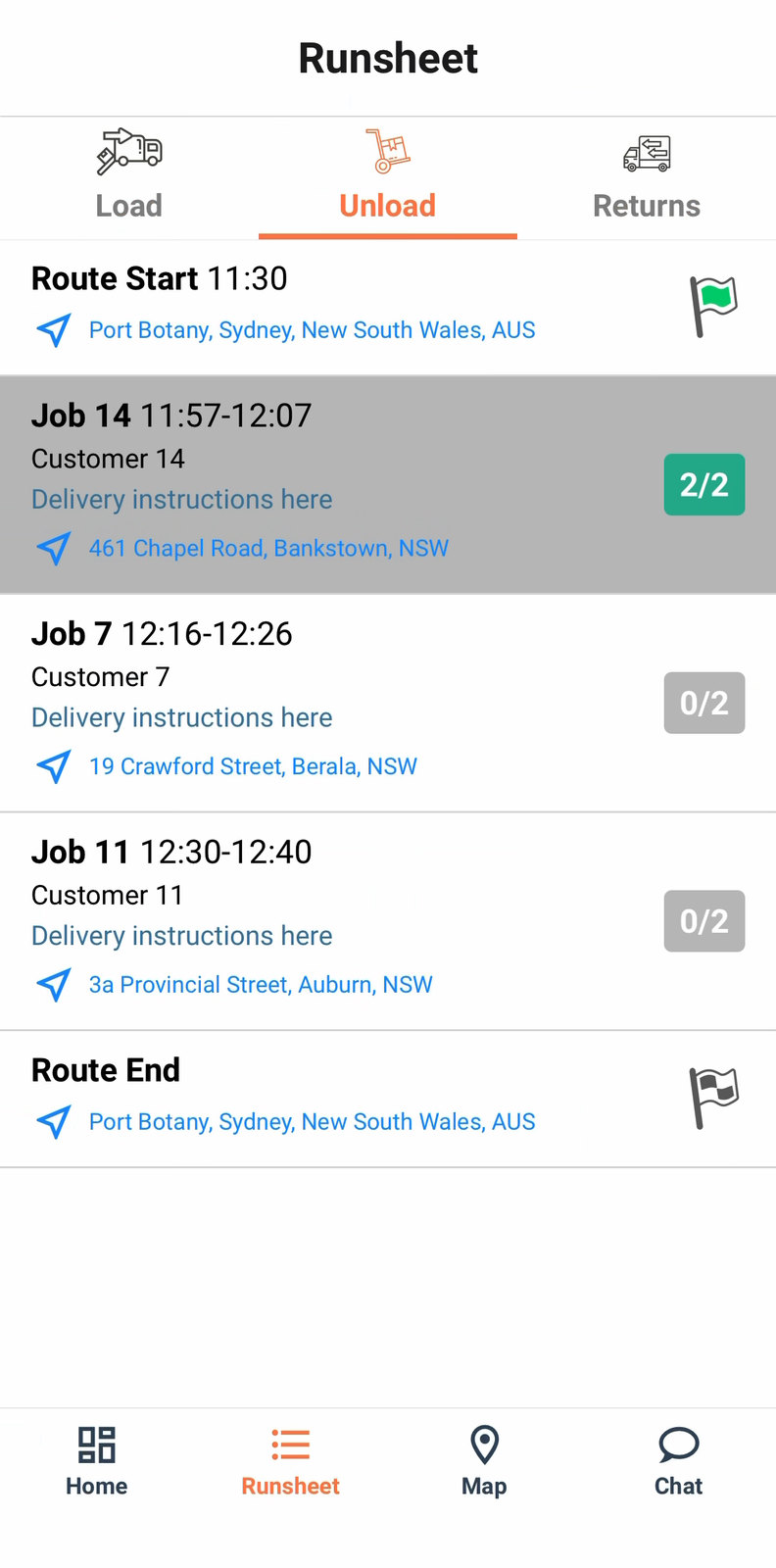 A closed job greyed out on the Unload list