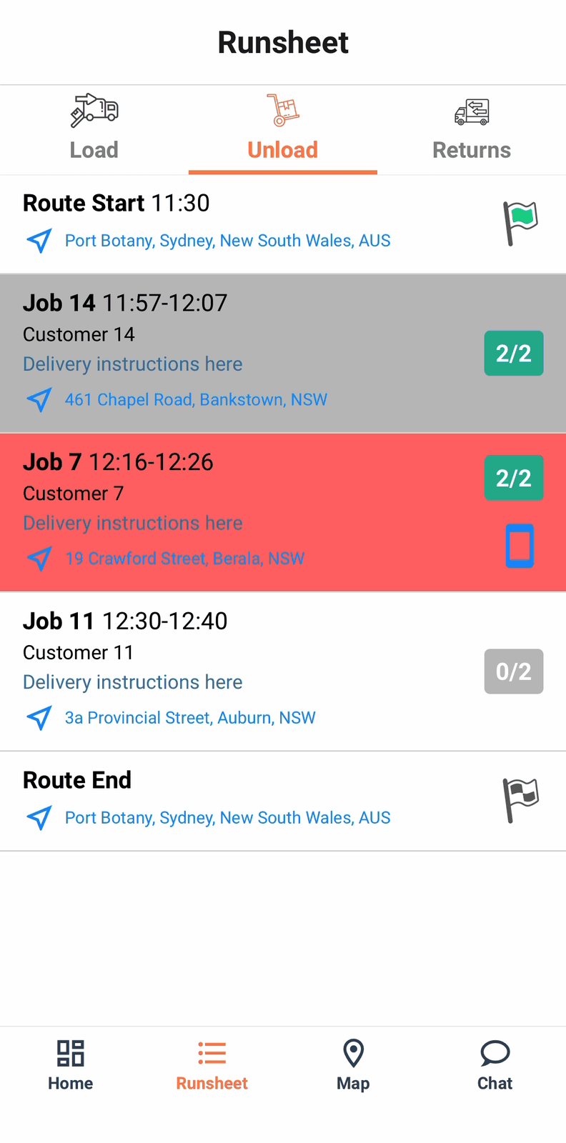 A problem job's row shown red on the runsheet