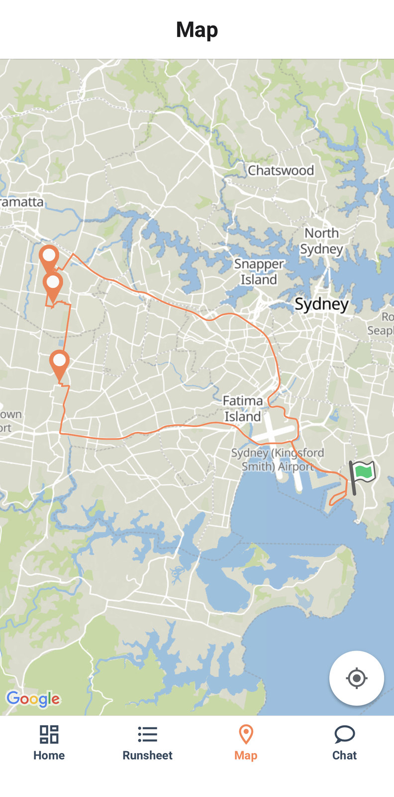 The Map tab, with the route drawn and stop pins