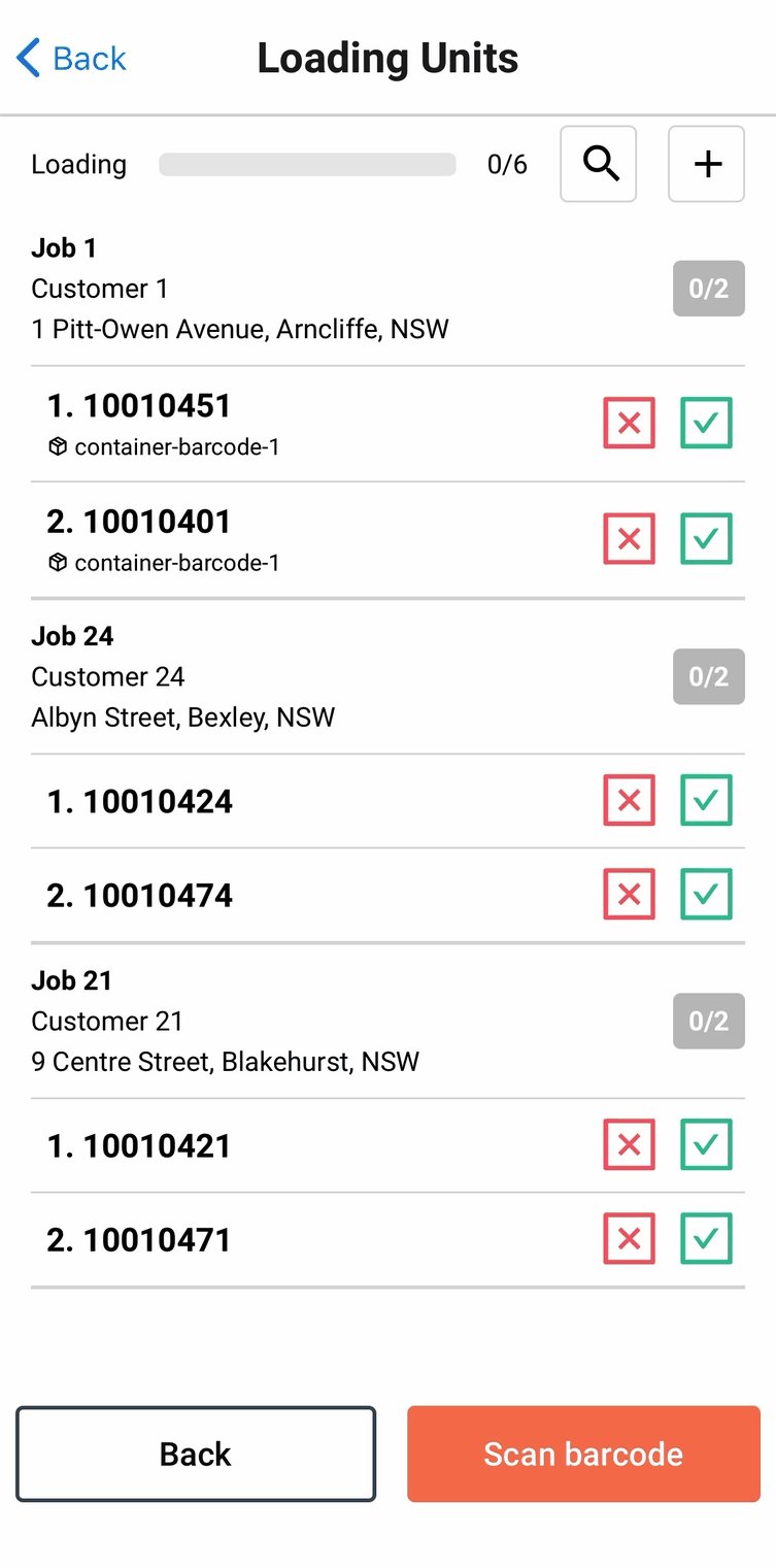 Loading Units, a plain list with red cross / green tick rows against each job