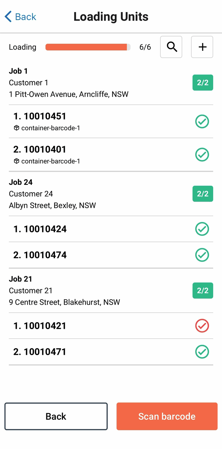 A job's units after one was marked missing, the badge still showing complete