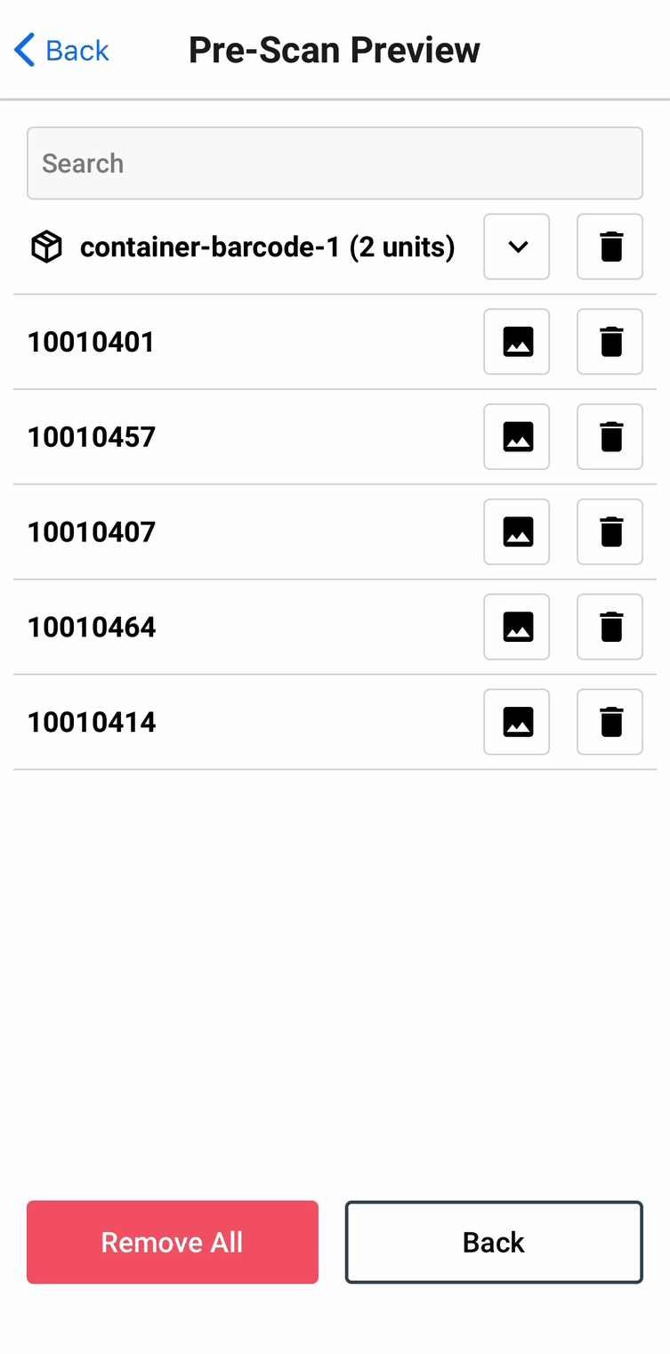 Pre-Scan Preview, listing scanned barcodes and containers with photo thumbnails
