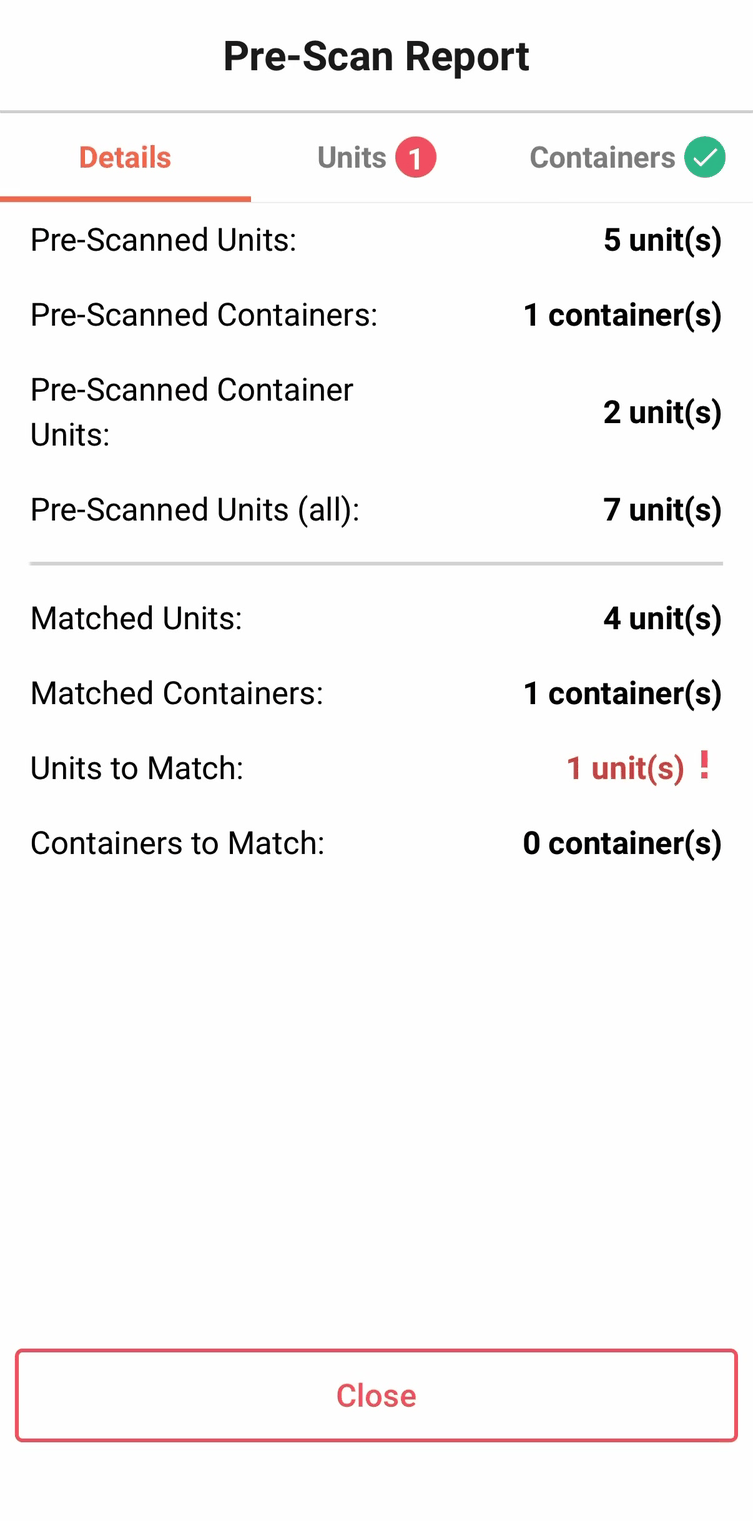 The Pre-Scan Report Details tab, with all its statistics