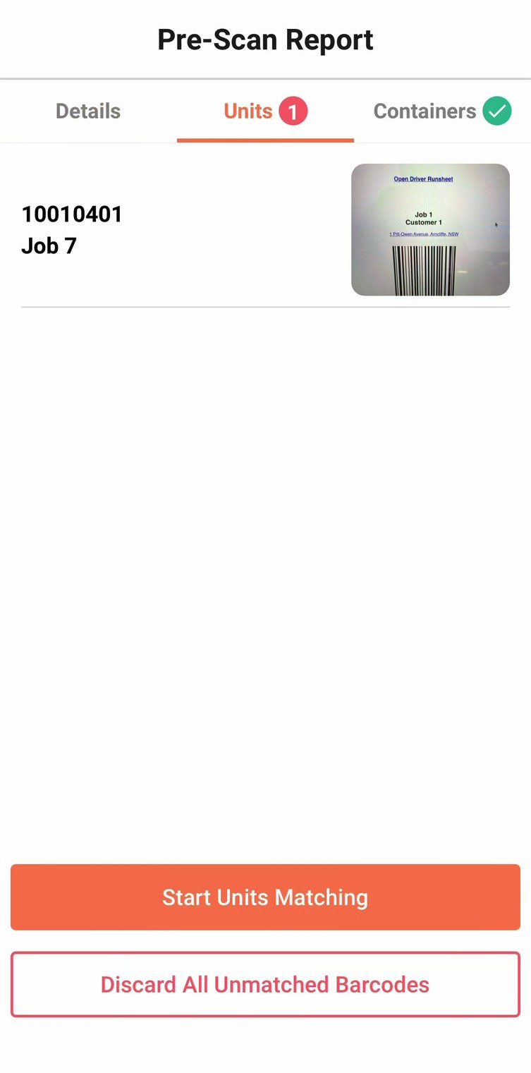 The Pre-Scan Report Units tab, showing an unmatched barcode with its photo