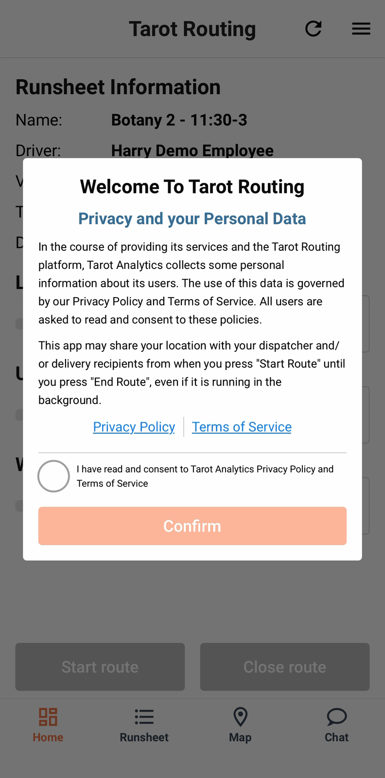 The Welcome To Tarot Routing consent modal with the privacy checkbox and Confirm button