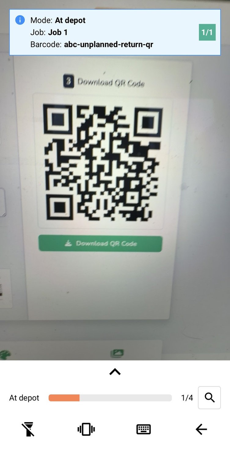 The at-depot scanner, matched Job and barcode, overall counter climbing