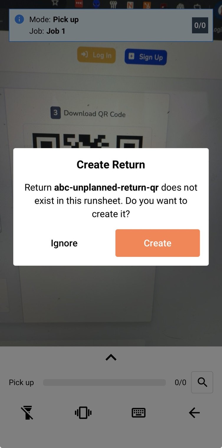 Create Return — does not exist in this runsheet, do you want to create it, with Ignore and Create