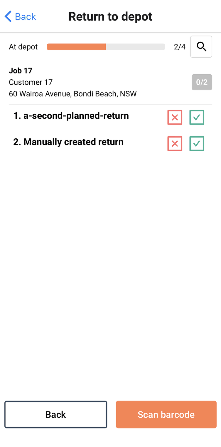 One Job's Returns at depot, ticks and crosses, including a manually created Return