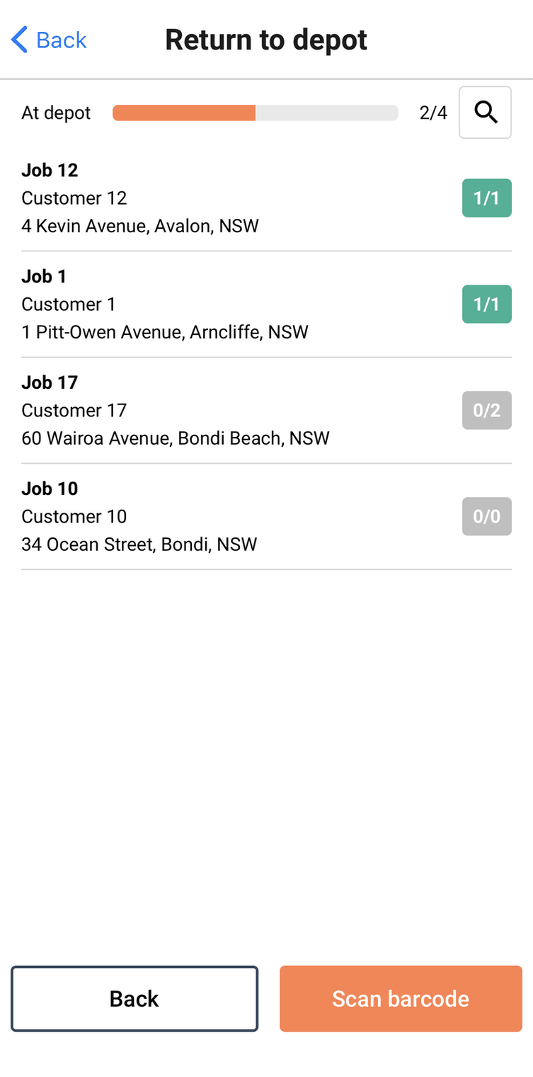 Return to depot in checklist mode — a Job list with per-job counts