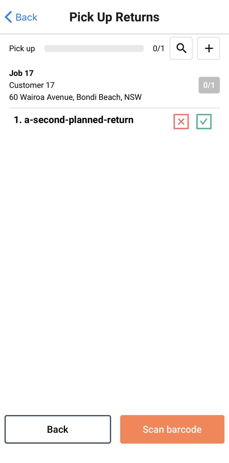Pick Up Returns with scanning off — a green tick / red cross row and a + button