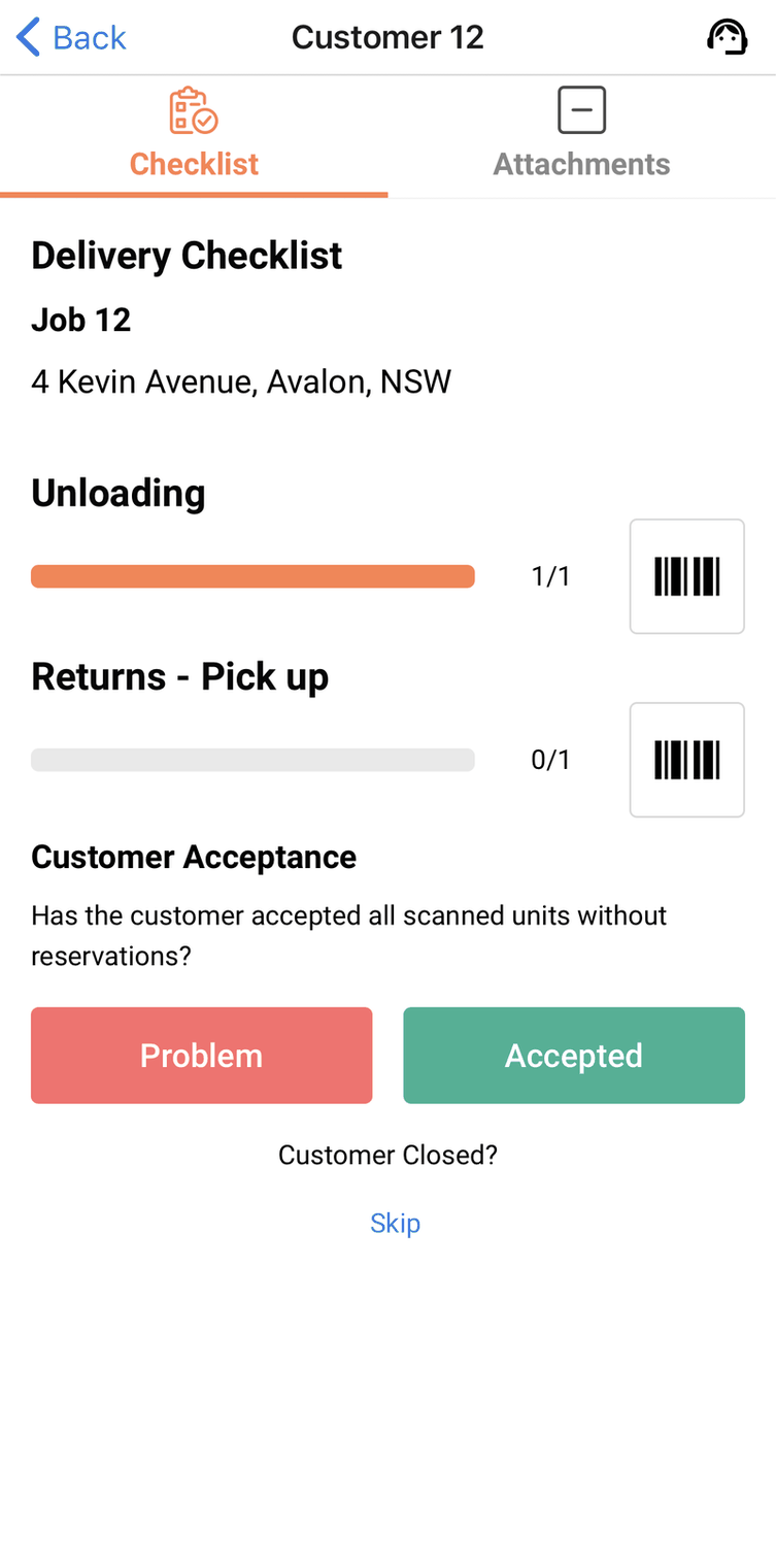 Delivery Checklist with Returns - Pick up and its barcode button, below a completed Unloading