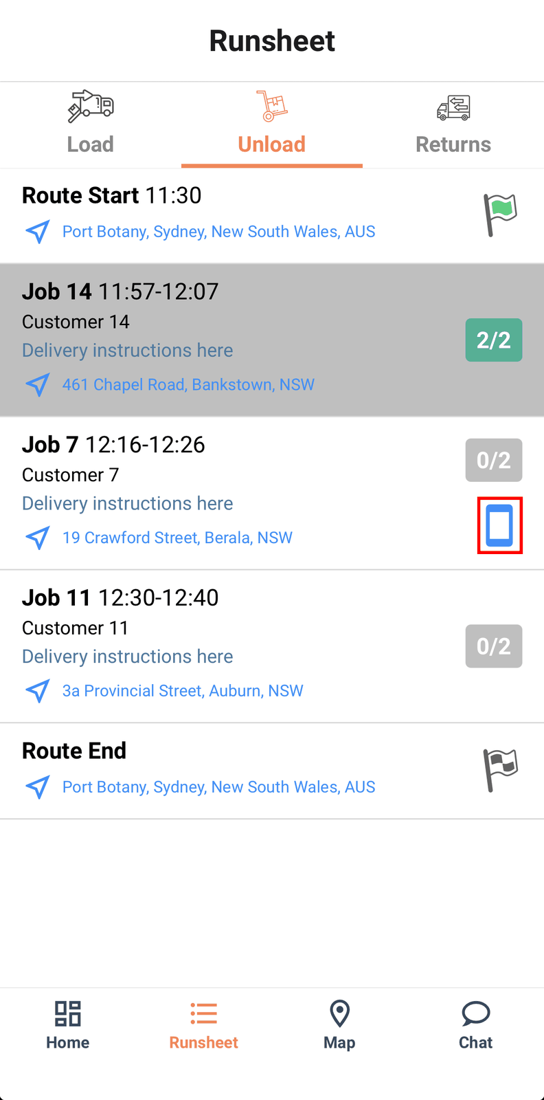 The runsheet with a phone icon on the one job with contact details, boxed