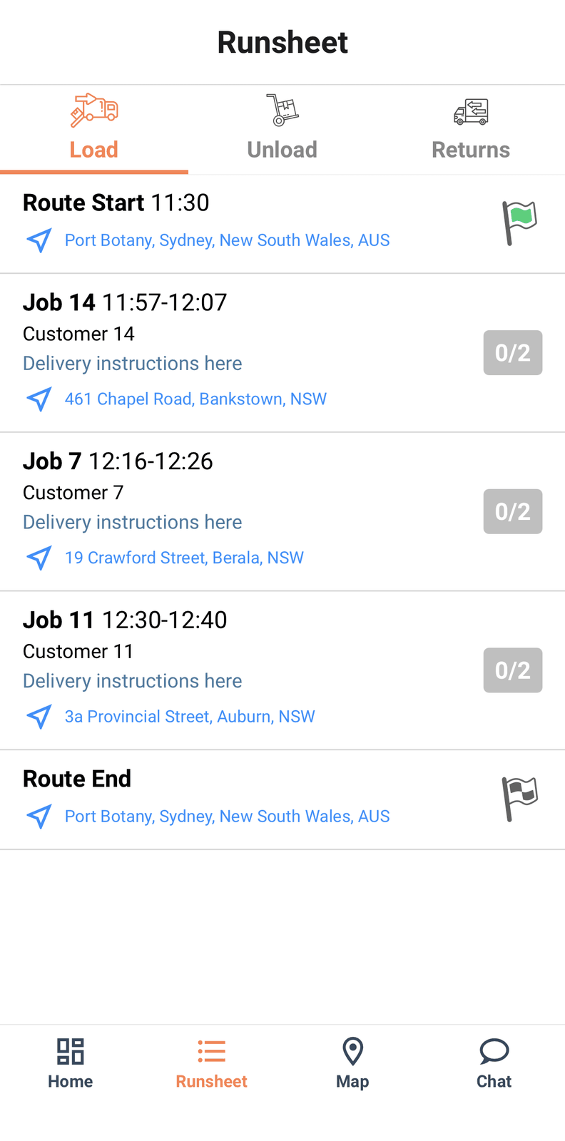 The Runsheet tab's Load view, part-loaded, showing scanned and not-scanned units against their jobs