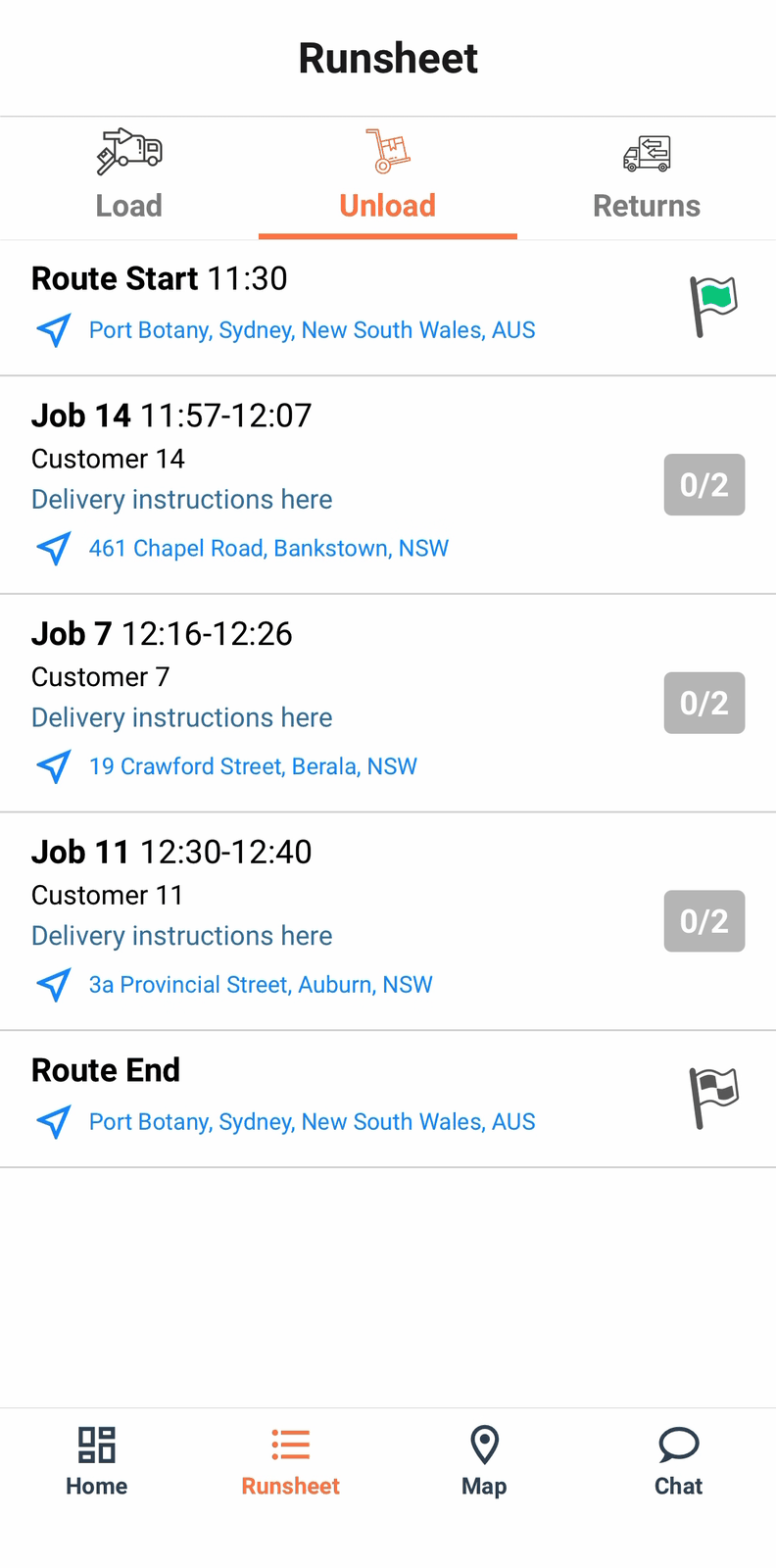 The Runsheet Unload tab, with Route Start, stops in sequence and Route End
