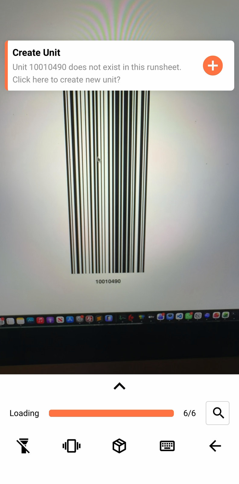 The Create Unit toast, offering to create a new unit from an unrecognised barcode