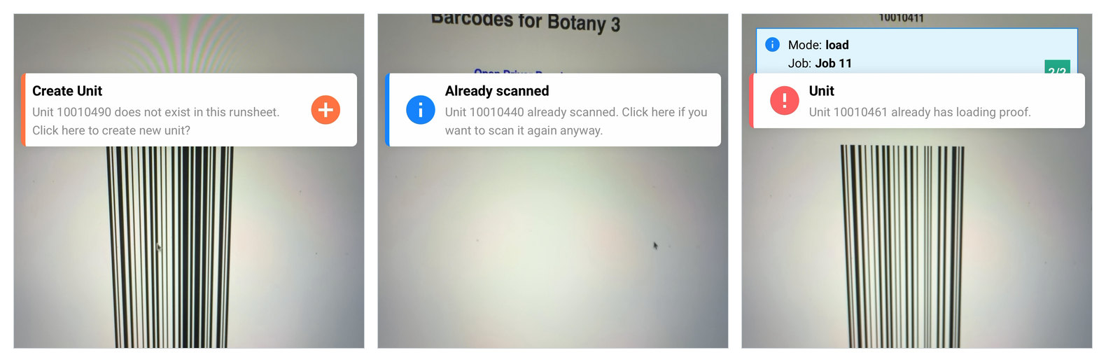 The three scanner warnings — Already scanned, Create Unit and Already has loading proof — side by side