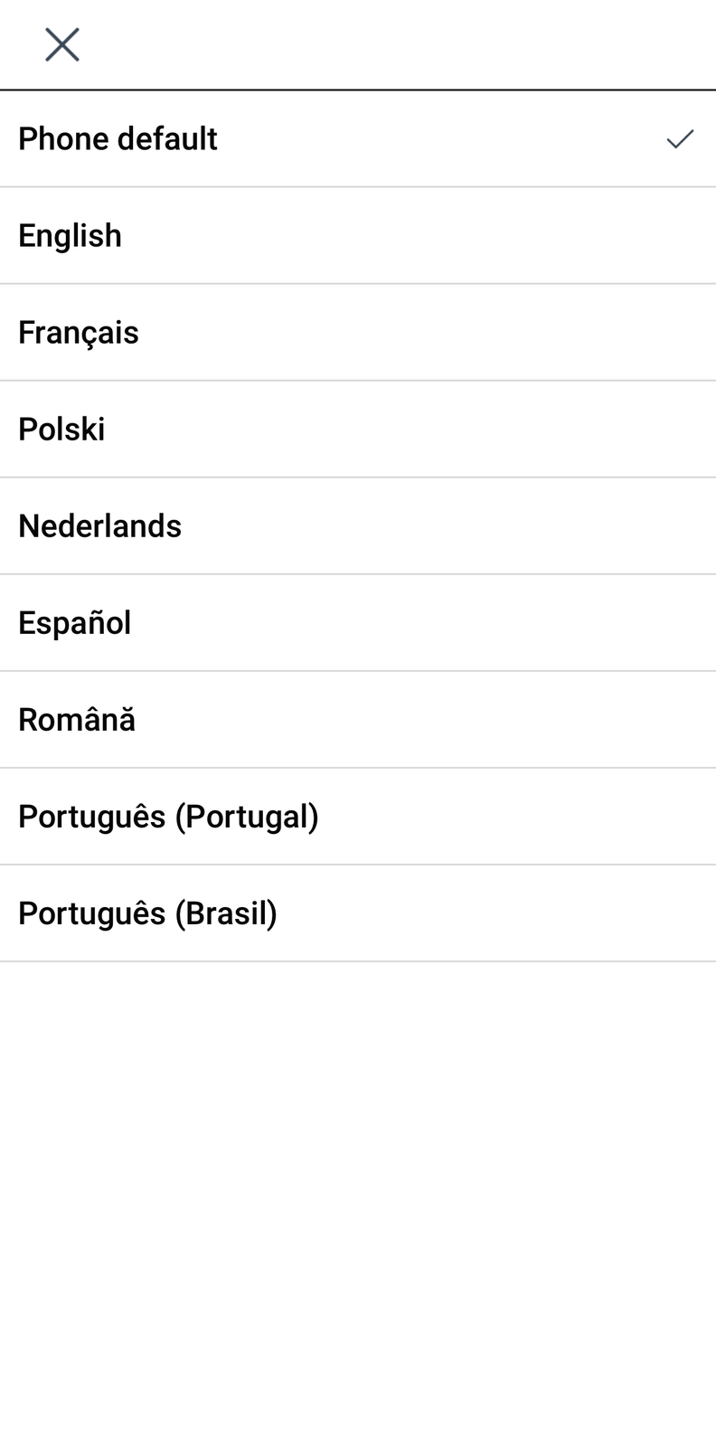 The Language setting expanded, showing several of the supported languages