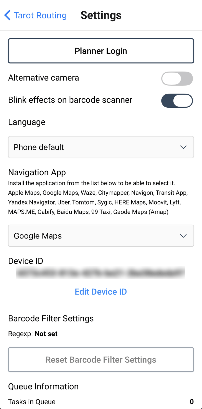 The Settings screen from the top