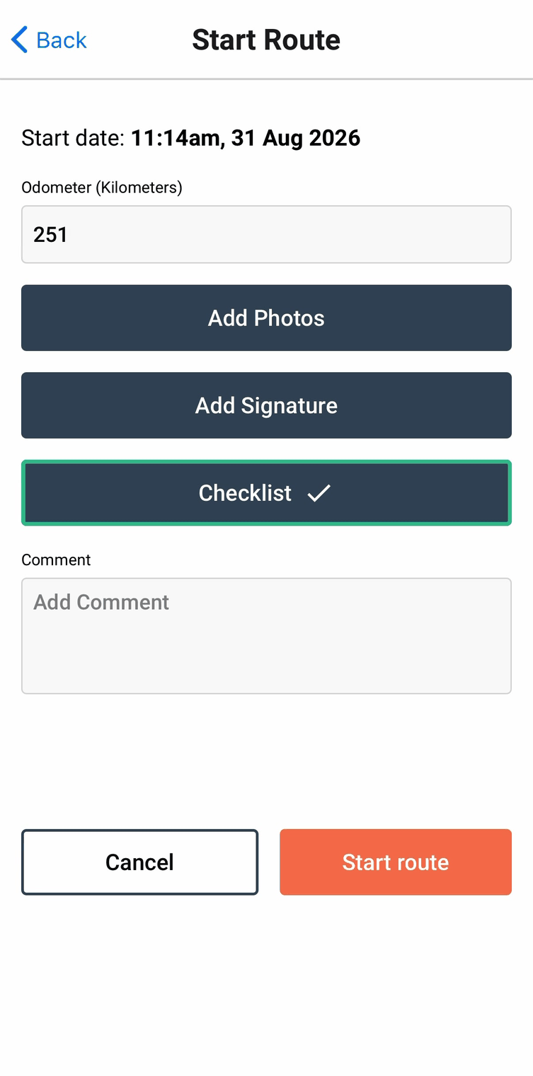 Start Route with the Checklist showing a green tick instead of Required