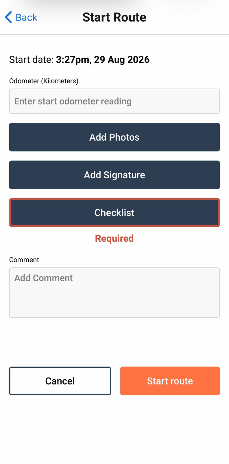 The Start route screen with date, Odometer, Add Photos and Add Signature