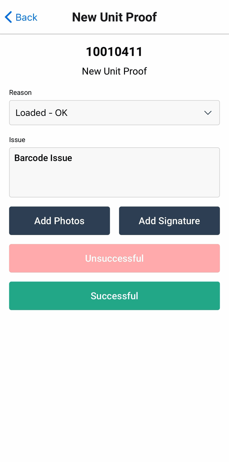 New Unit Proof with Barcode Issue selected as the reason