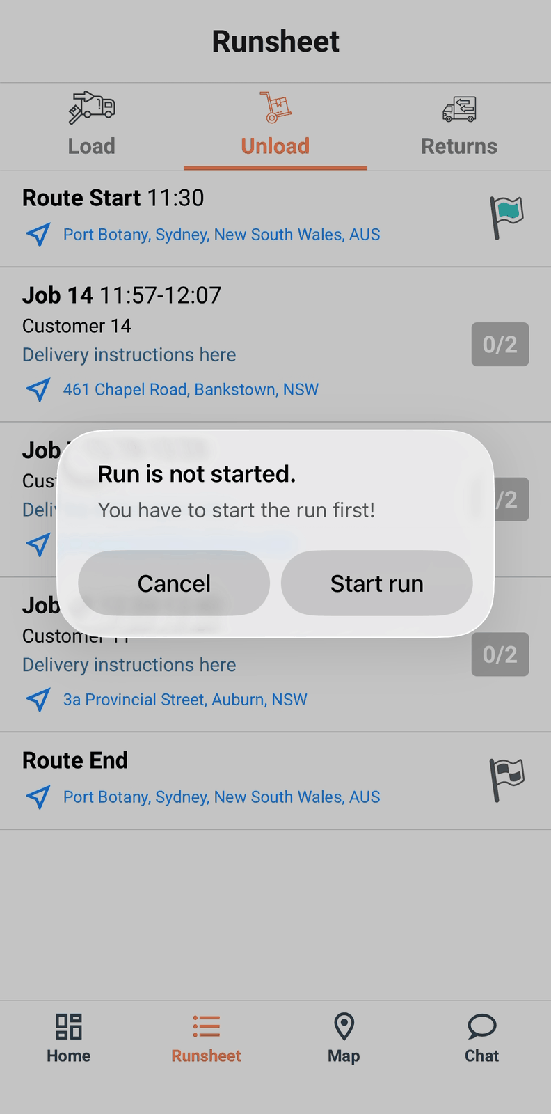 Tapping an Unload job before the route has started, with the offer to start it