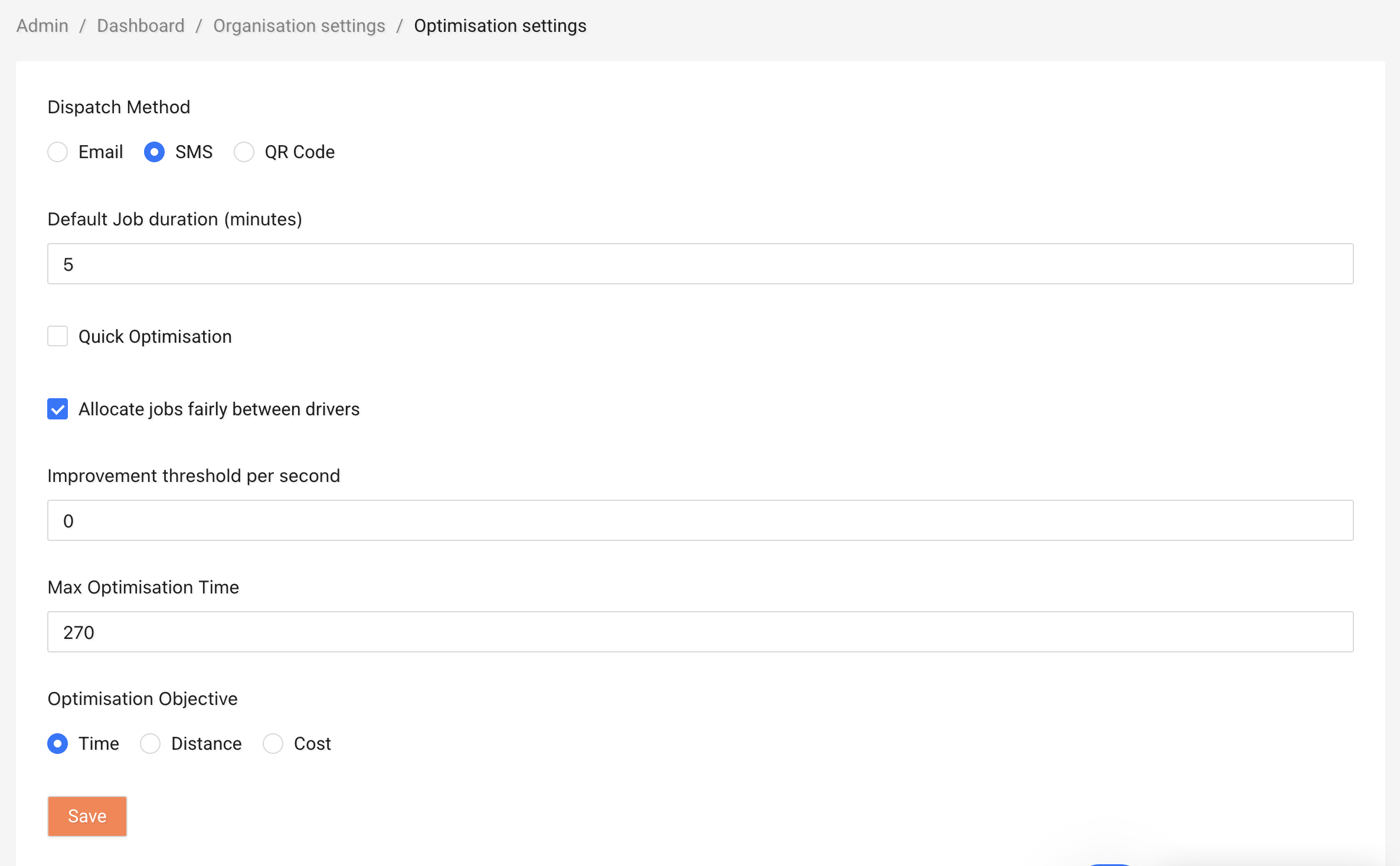 Optimisation Settings page