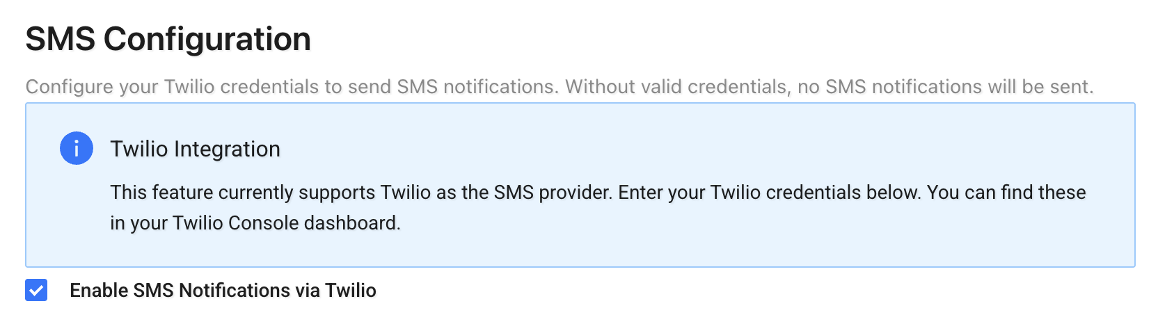 SMS Configuration page